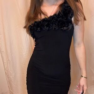 Chic One Shoulder Black Dress with Floral Accents